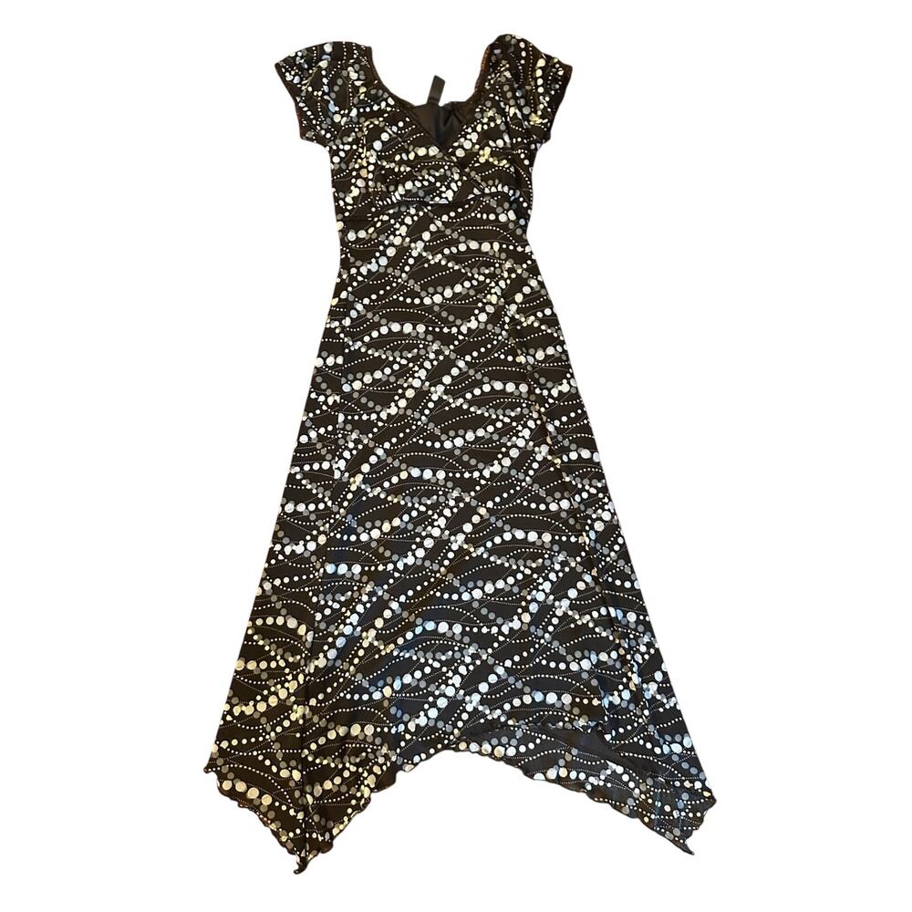 VTG Windsor Dress Mesh Polka Dot Midi Sz.Small Black Asymmetrical Hem Whimsigoth